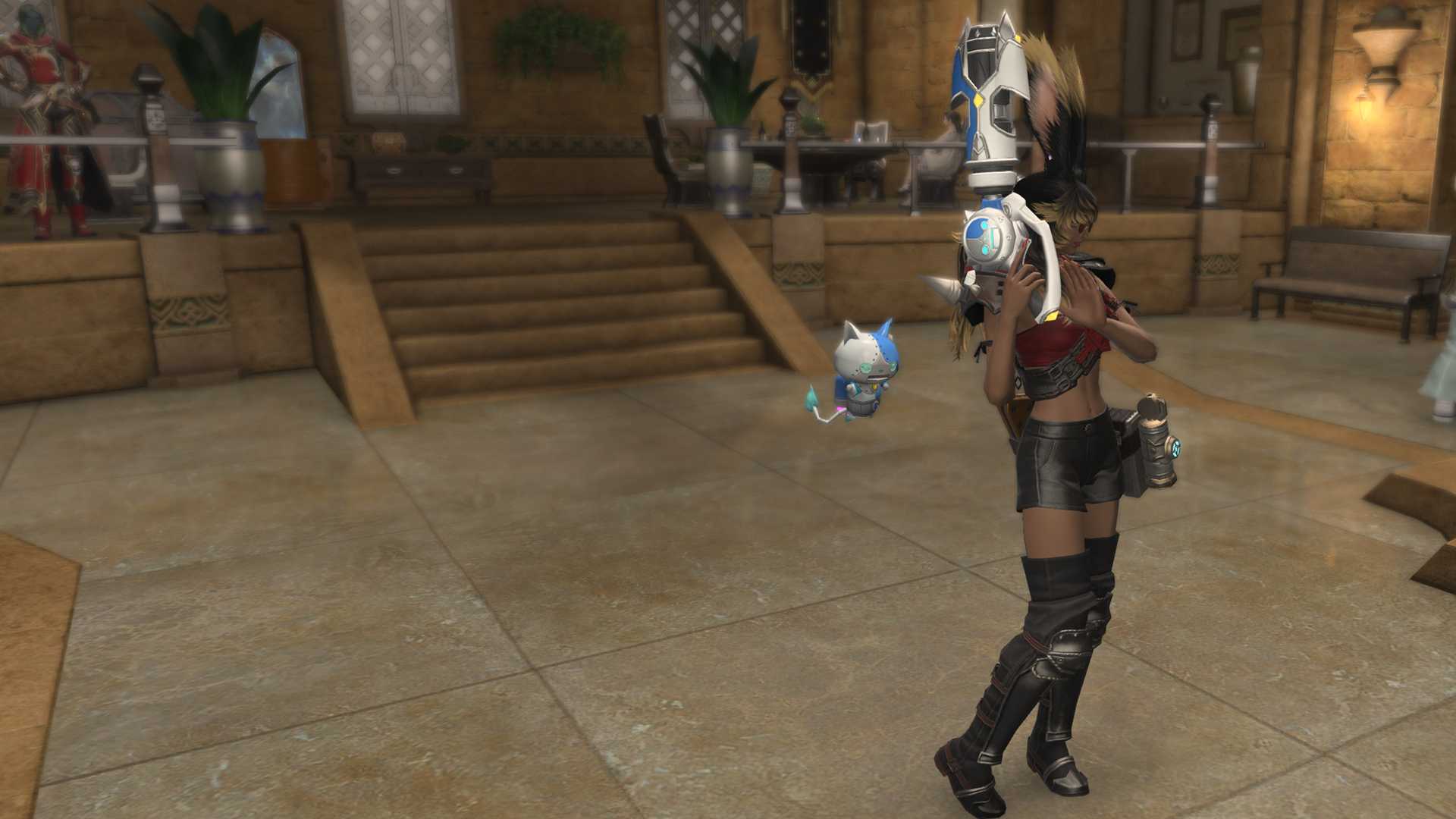 A FFXIV Viera holding up a large white gun