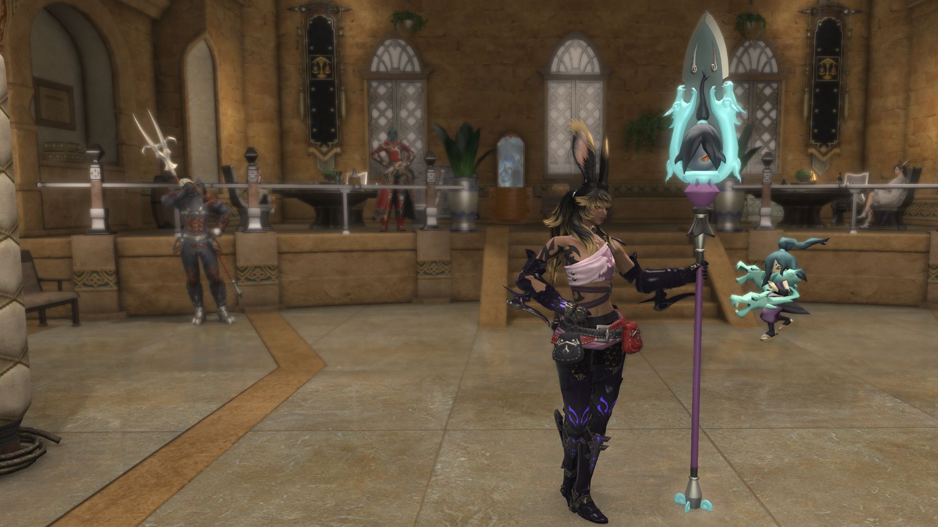 A FFXIV Viera holding up a huge purple and blue lance