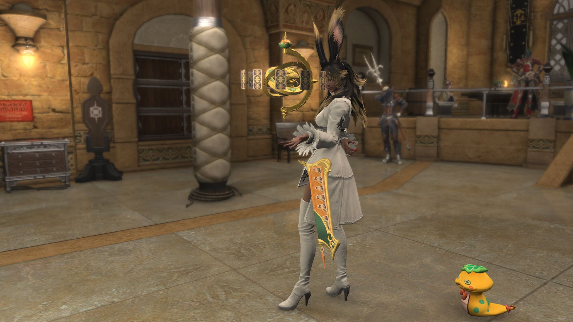 A FFXIV Viera holding a rotating globe with a snake on it