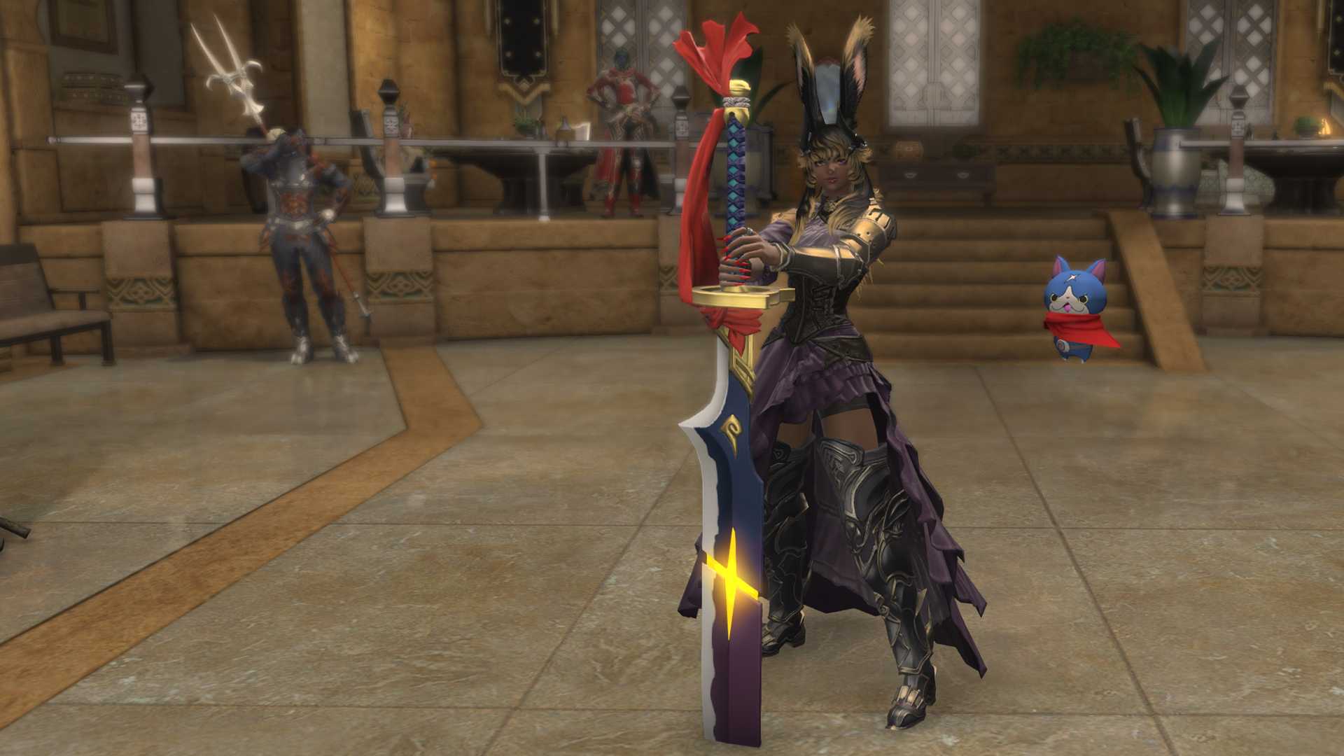 A FFXIV Viera holding up a huge great colorful greatsword