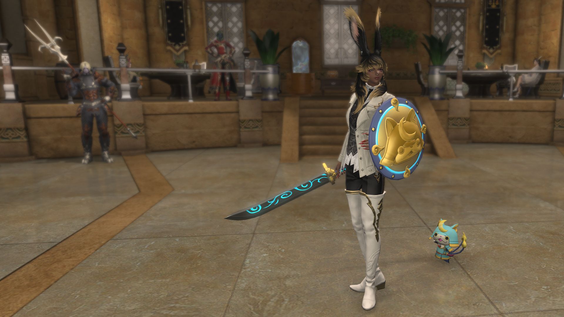 A FFXIV Viera holding a shield and sword, the shield has a golden cat embossed onto it
