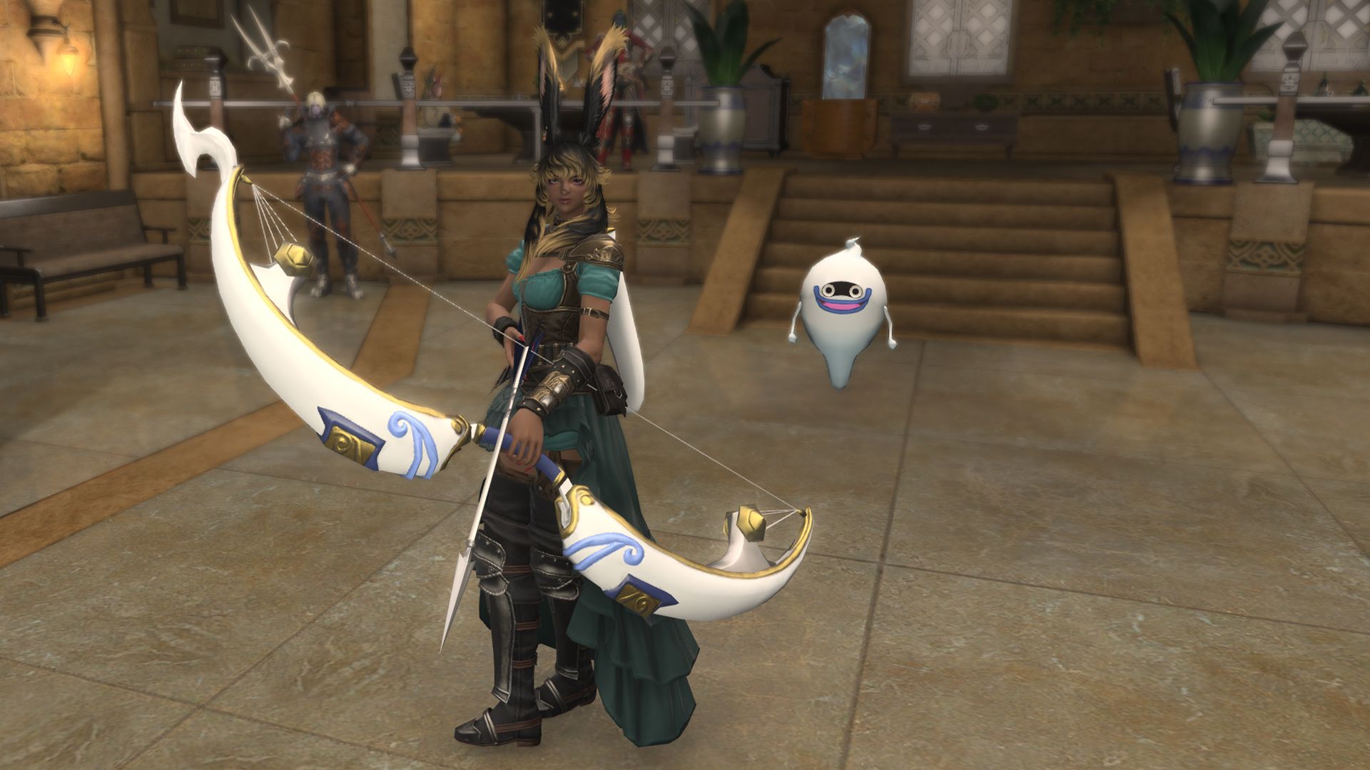 A FFXIV Viera holding up a huge white bow