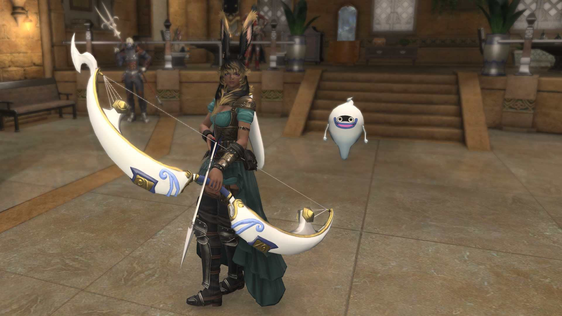 A FFXIV Viera holding up a huge white bow