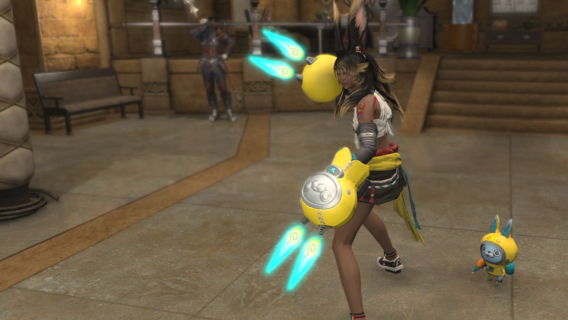 A FFXIV Viera wearing two huge yellow gloves with blue jet fire coming out of it