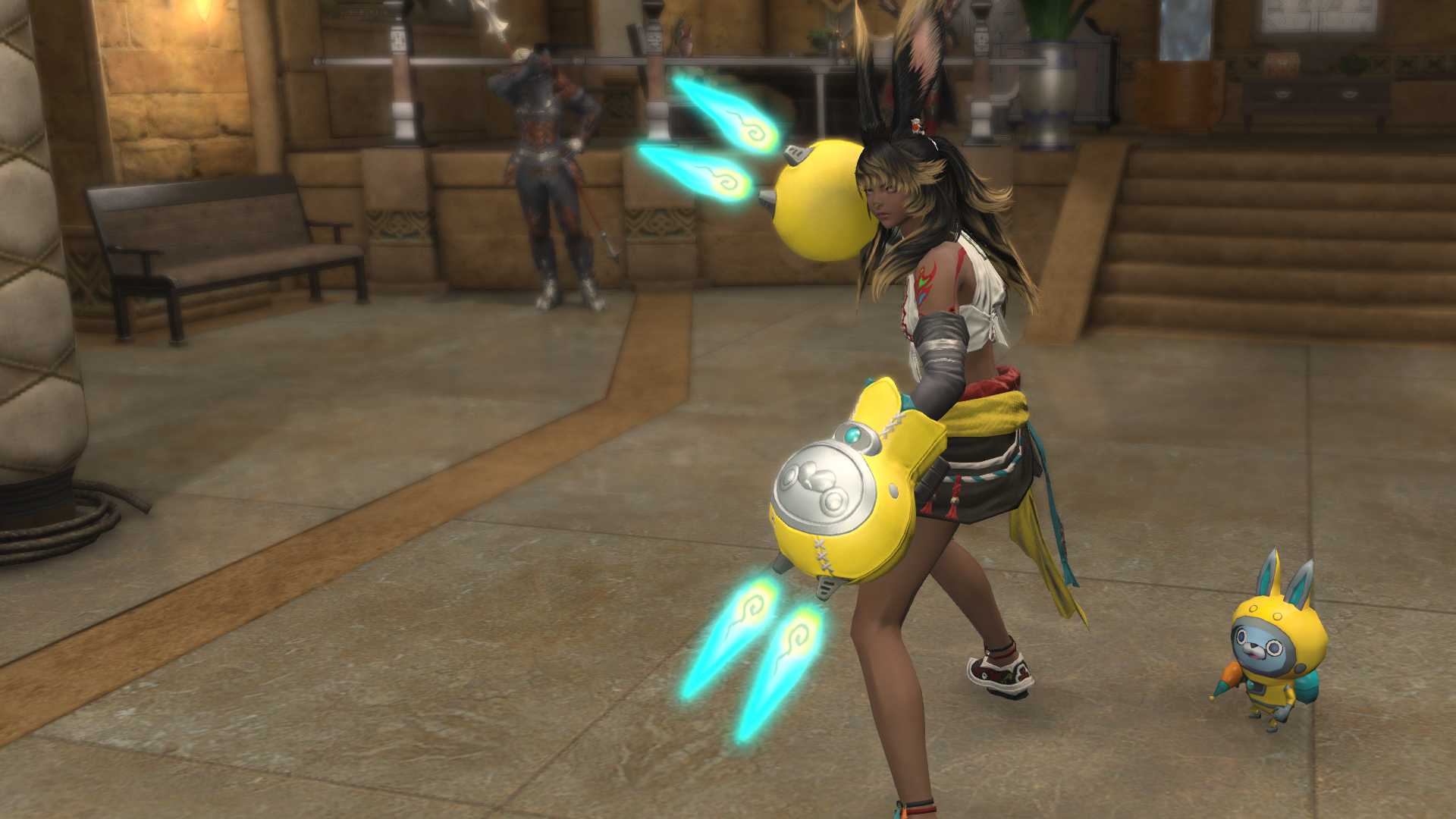 A FFXIV Viera wearing two huge yellow gloves with blue jet fire coming out of it