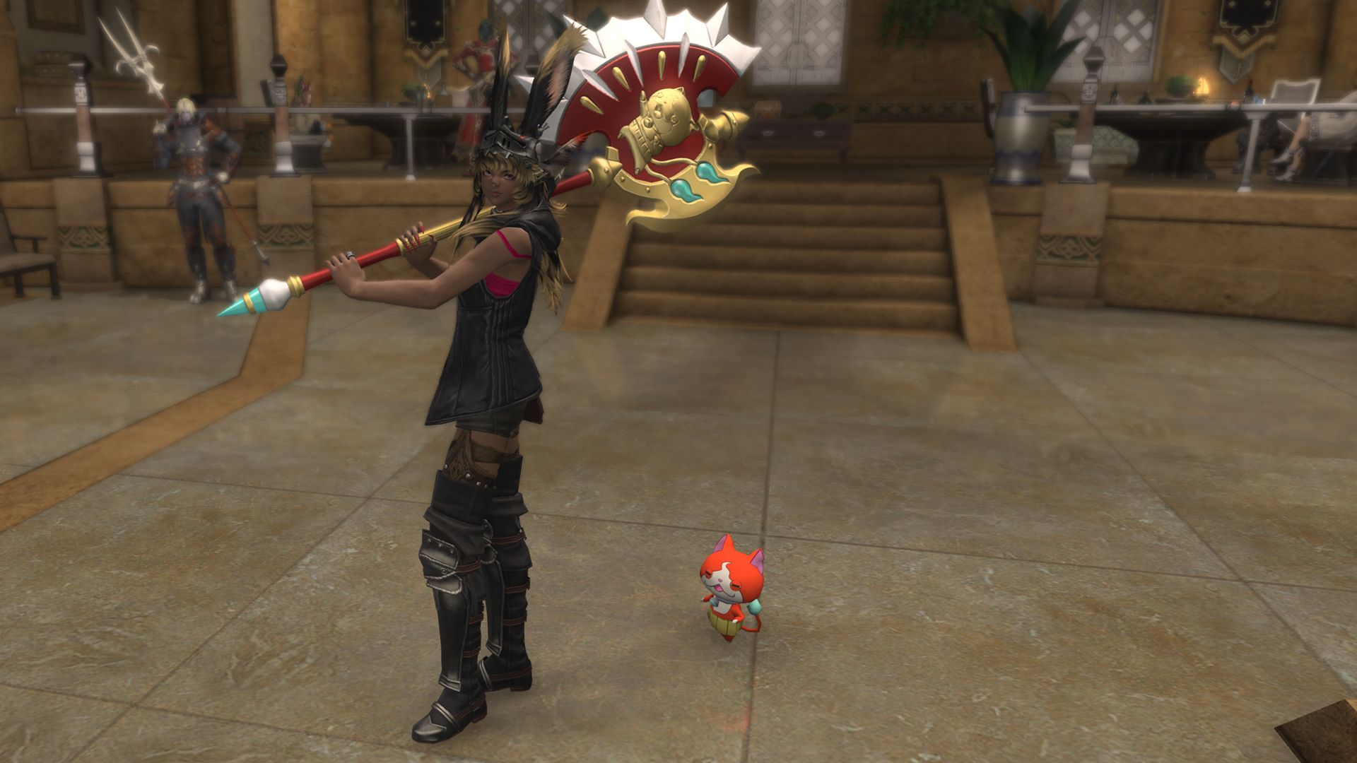 A FFXIV Viera holding a huge red axe with a golden cat on it