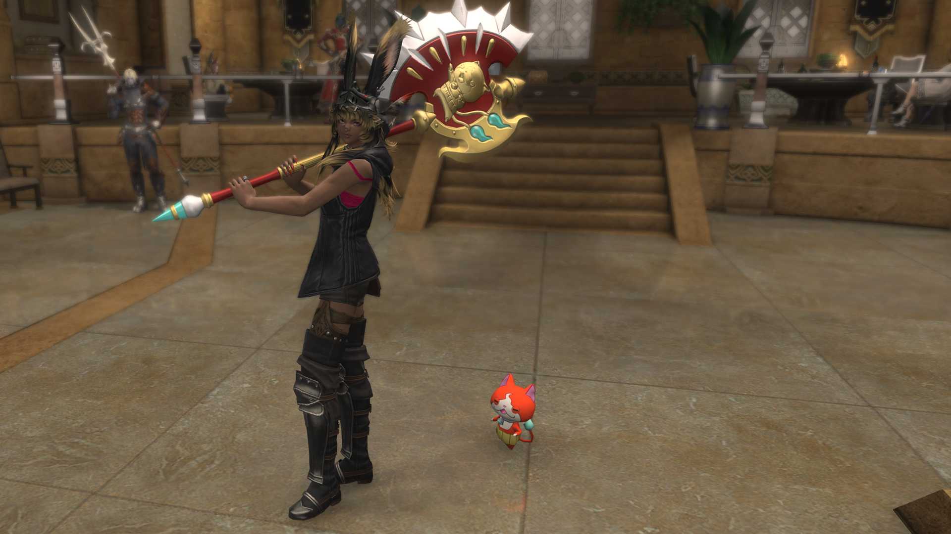 A FFXIV Viera holding a huge red axe with a golden cat on it