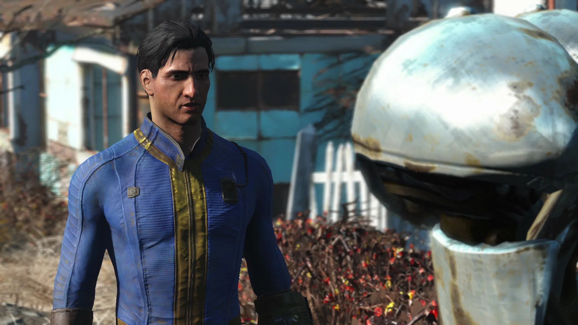 a man in a Vault-Tec outfit talking to a robot in Fallout 4