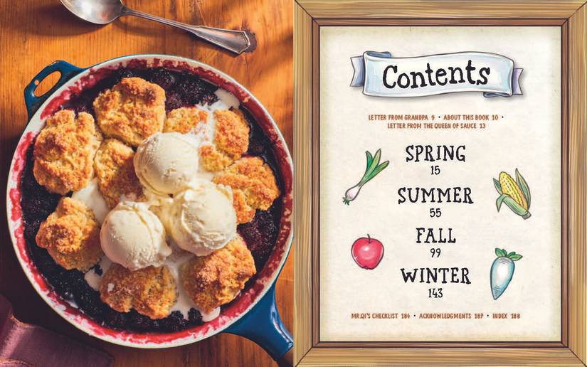 A scan of pages in The Official Stardew Valley Cookbook. The left shows scoops of ice cream over a baked good cooked in a skillet and the left shows an index divided by the four seasons. 
