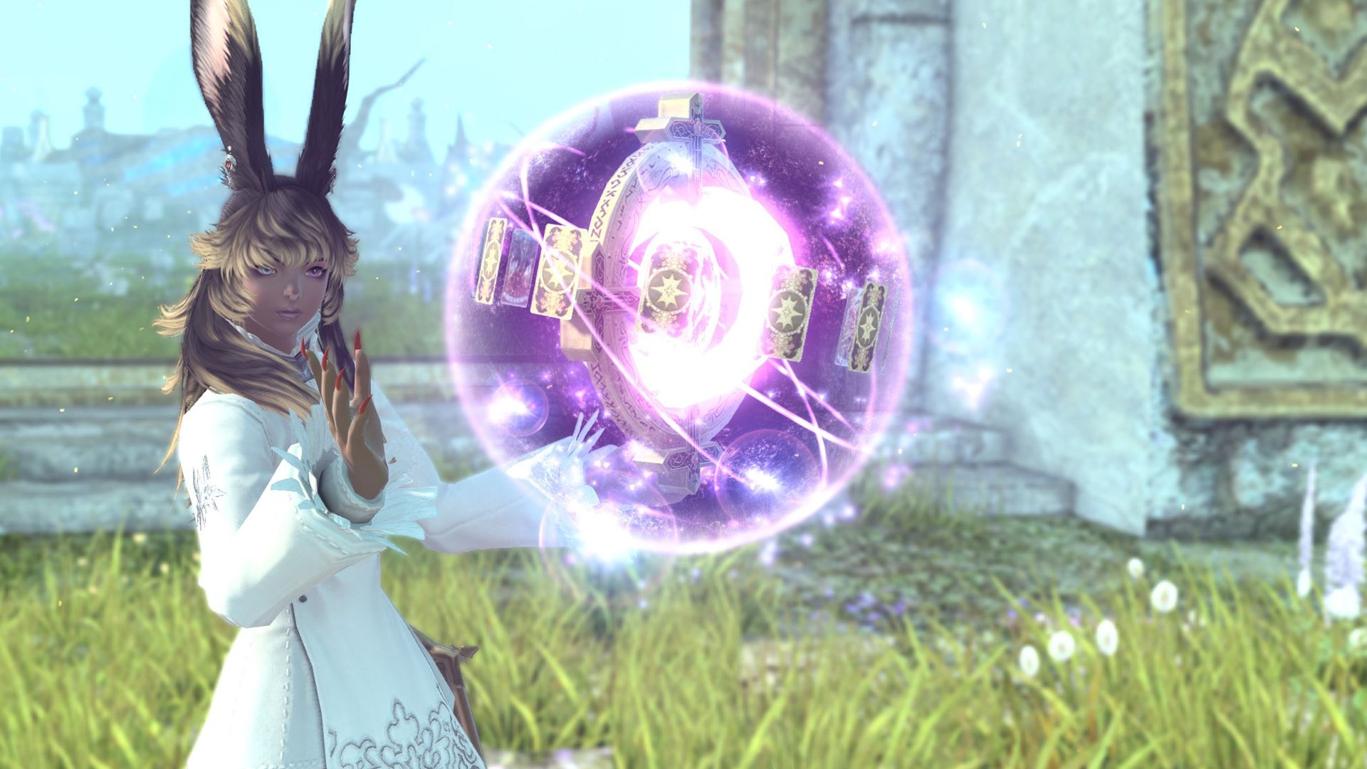A Viera holds a pink glowing Astrologian globe