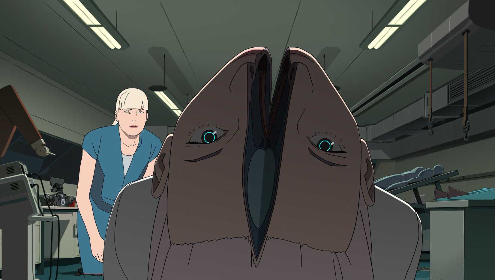 A woman stares in astonishment at the face of a female android that has split down the middle in Mars Express.