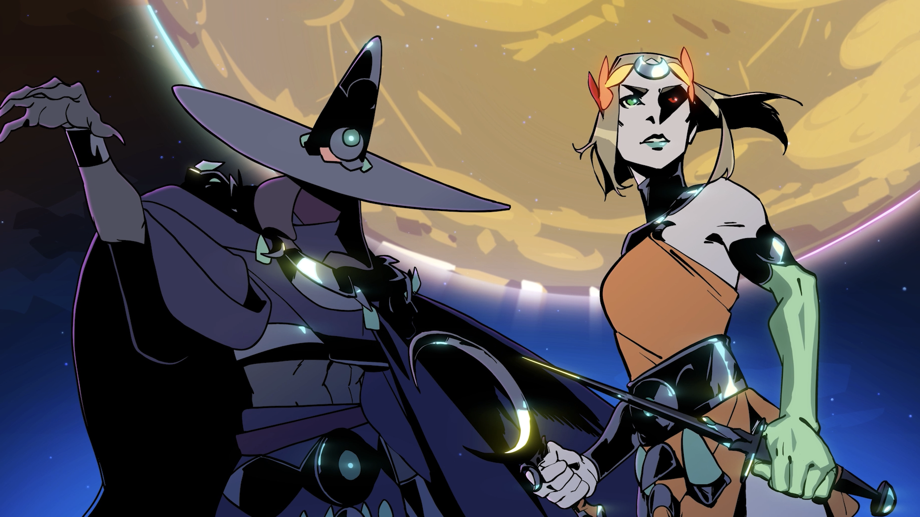 Melinoe stands next to Hecate in front of a moon in Hades 2.