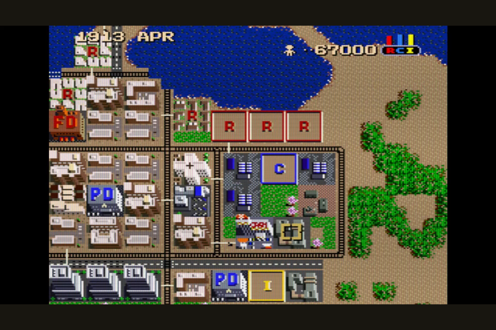 A screenshot of a bay area in the original SimCity.