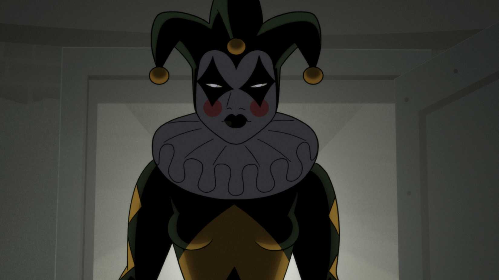 Harley Quinn, looking like a sinister jester with a dark green and yellow color scheme, as she appears in the animated s