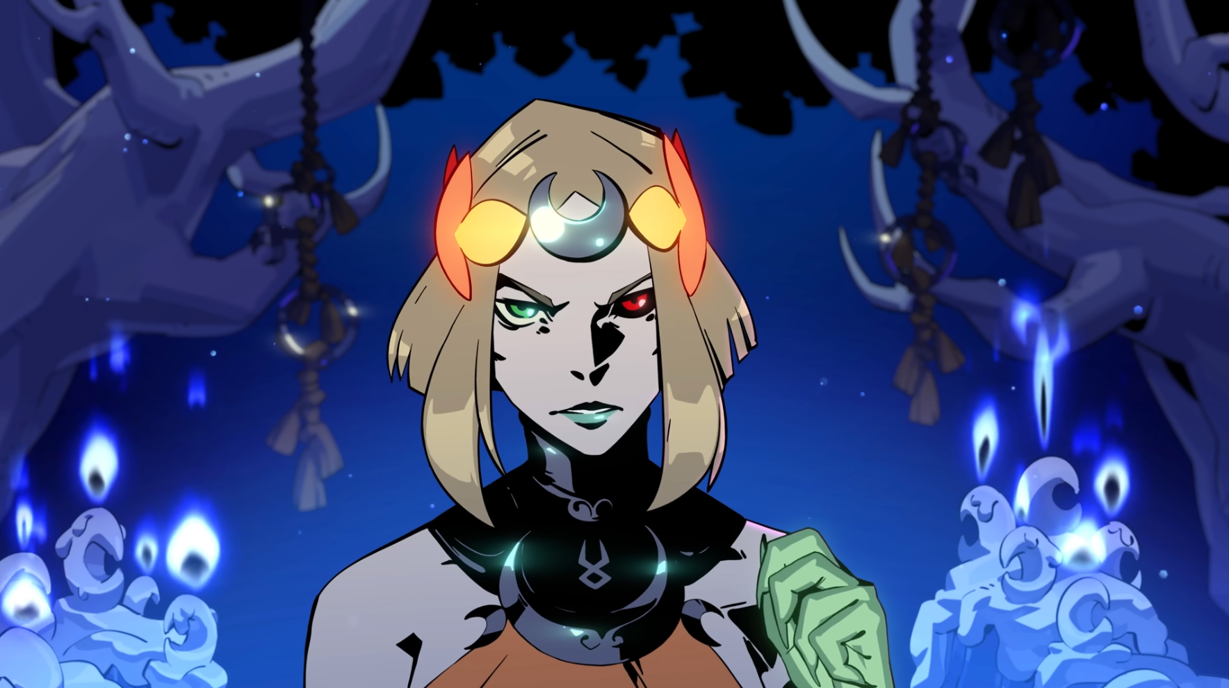 Melinoe stares into the distance intensely in key art for Hades 2.