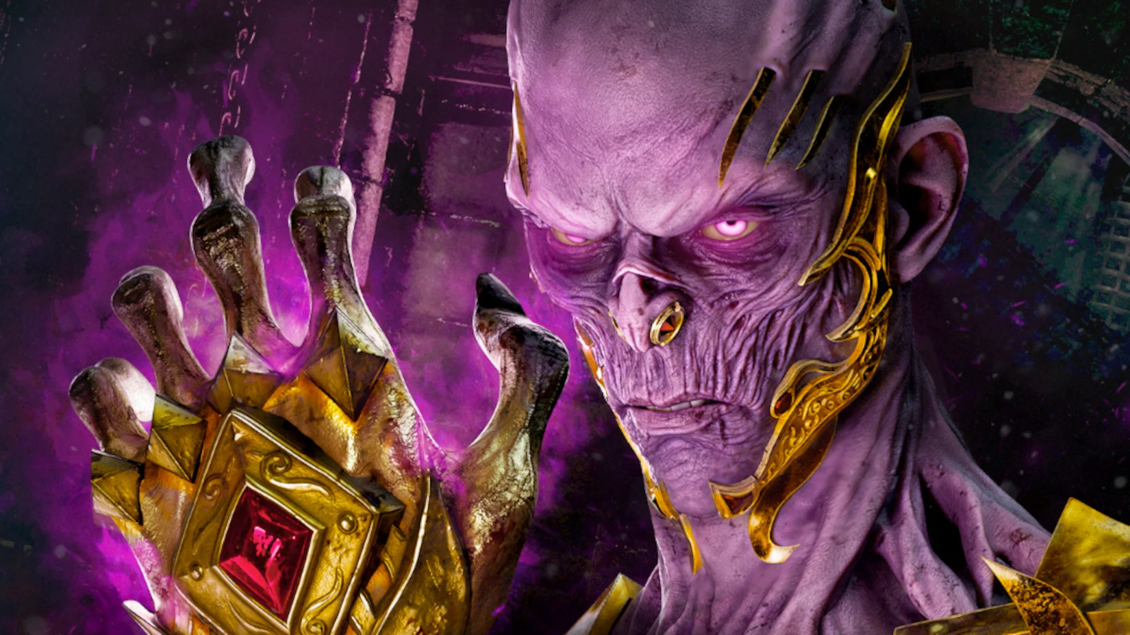 Vecna, the infamous lich from D&amp;D, as a Dead by Daylight killer. He has a wizened face, purple skin and eyes, and a golden gauntleted hand that simmers with ominous energy.