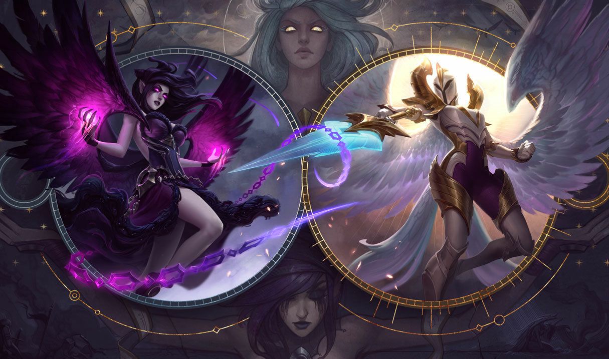 Sisterly splash art for Kayle and Morgana, with Kayle on the right, in League of Legends. Kayle is wearing full plate armor and brandishing a blue sword; she also has white angel wings outstretched behind her. Morgana is dressed in a purple corset and skirt, with her purple wings also stretched out behind her