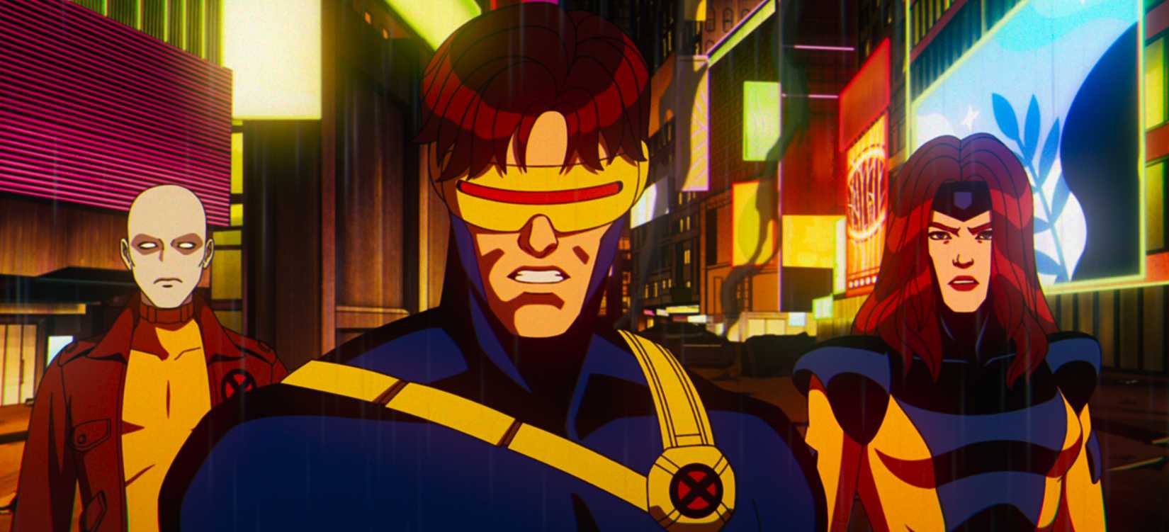 Cyclops looks at the camera in a badass way, flanked by Jean Grey and Morph, in X-Men ’97. 