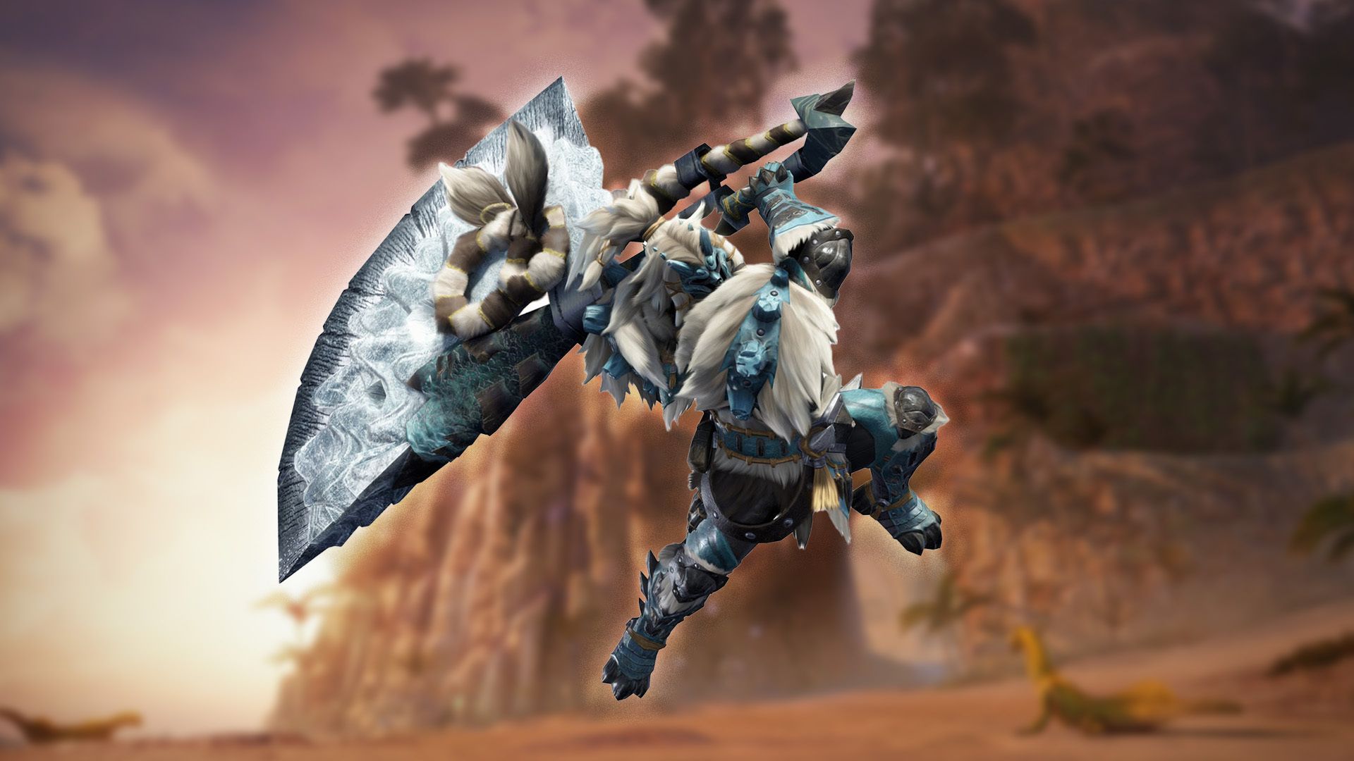 Big furry guy with a big sword in front of a mountain