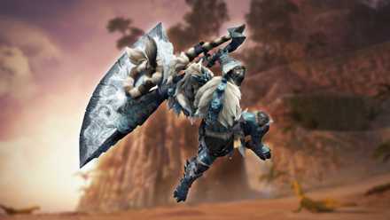 Big furry guy with a big sword in front of a mountain
