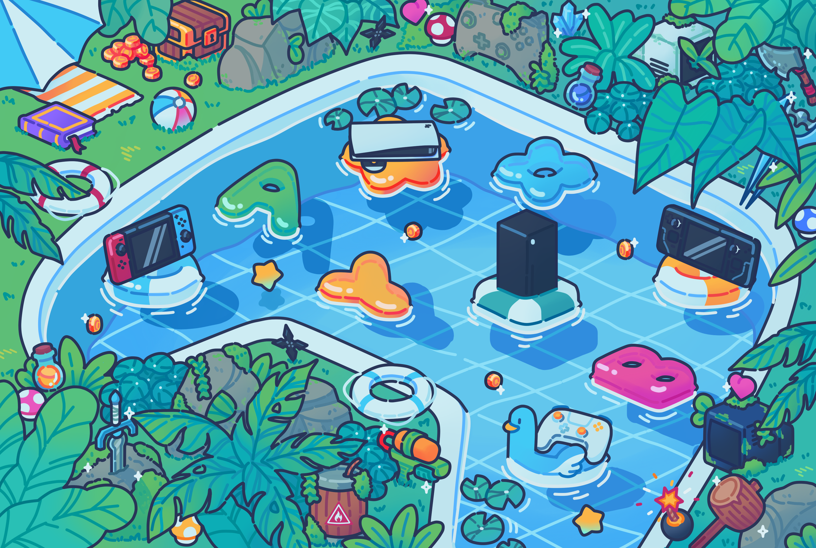 Game controllers and consoles lounge in a game controller-shaped pool, getting some sun in the summer.