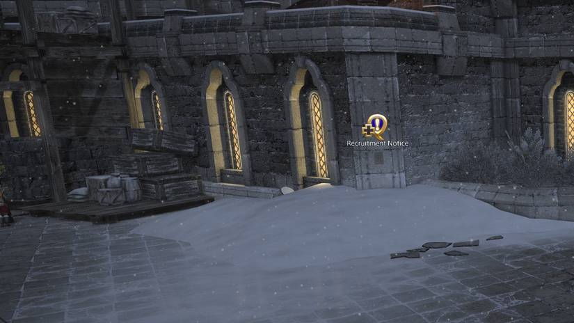 um marcador de missão azul em um folheto de NPC “Aviso de Recrutamento” em uma parede em FFXIV