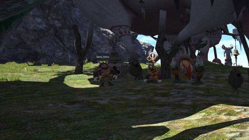 दो वानू वानू ffxiv में एक छायादार क्षेत्र में बैठते हैं