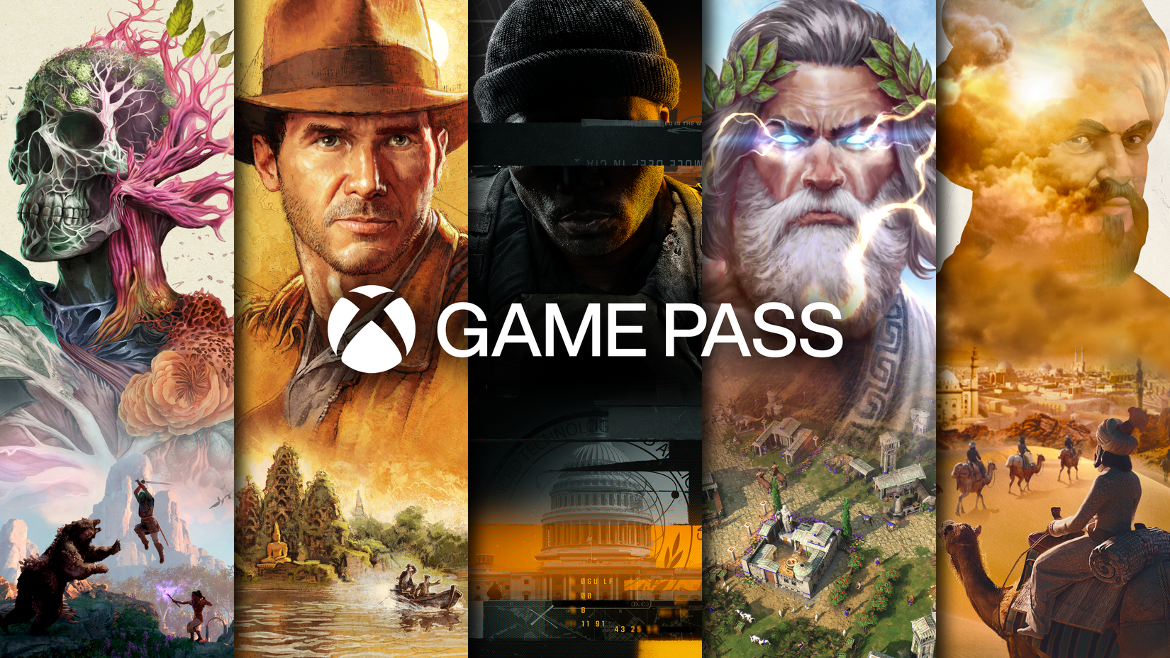 ภาพโปรโมตสำหรับ Game Pass ที่มีโลโก้และอาร์ตเวิร์กของ Avowed, Indiana Jones, Call of Duty และ Age of Mythology