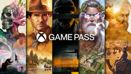 Promotional art for Game Pass with the logo and artwork from Avowed, Indiana Jones, Call of Duty, and Age of Mythology