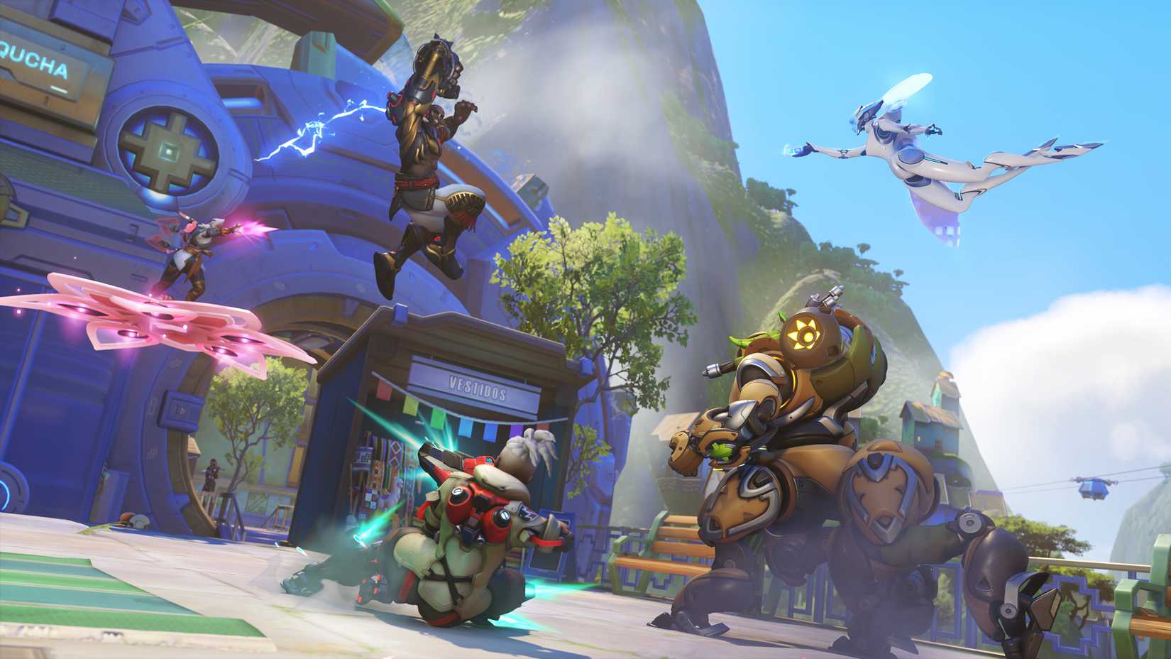 Doomfist, Echo, Lifeweaver, Sojourn, and Orisa battle near a kiosk on the Runapasi map in Overwatch 2