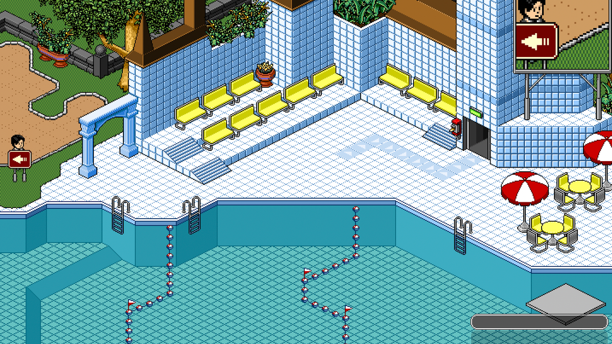 Habbo Hotel screenshot on a poolside scene. There’s just one person standing off to the side.