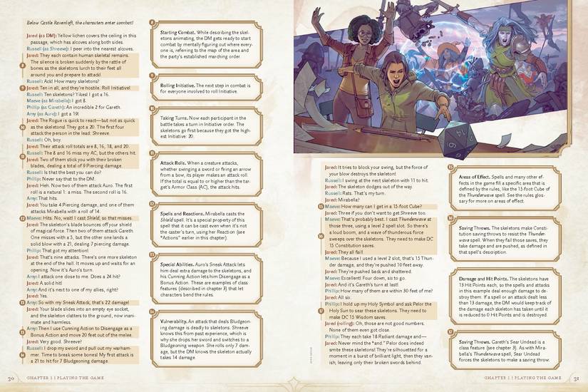 A spread from the 2024 edition of the Dungeons &amp; Dragons Player’s Handbook, with an example of combat in the left column and a commentary on applicable rules in the right. 
