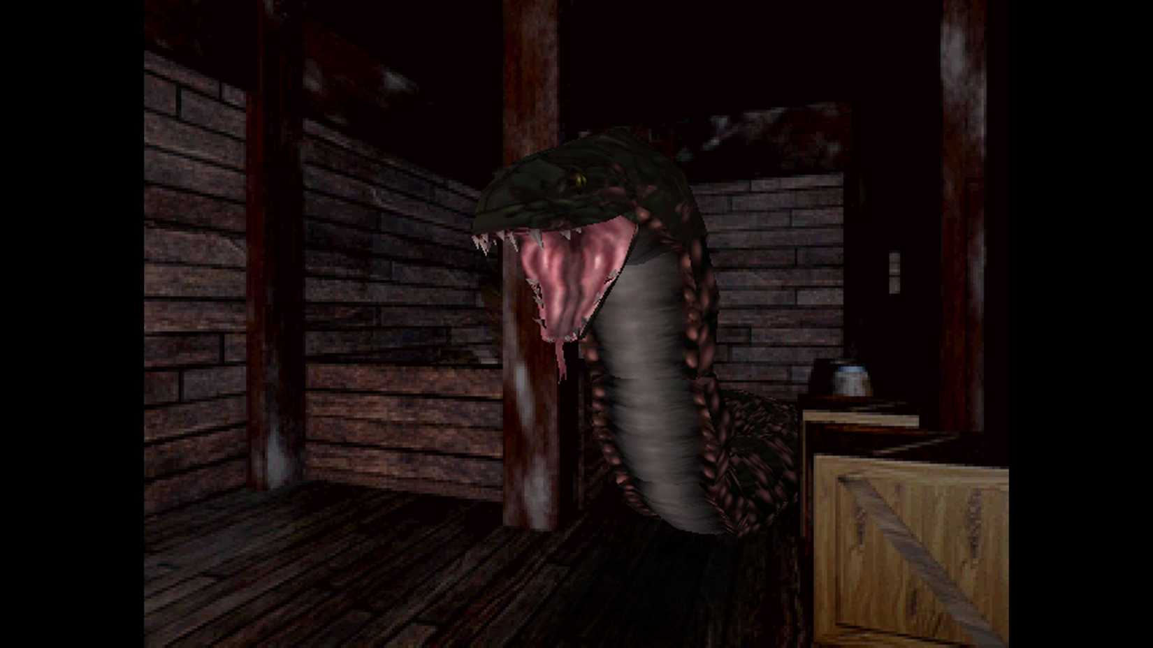 A giant snake emerges from an attic in the Spencer Mansion in a screenshot from Resident Evil (1996).