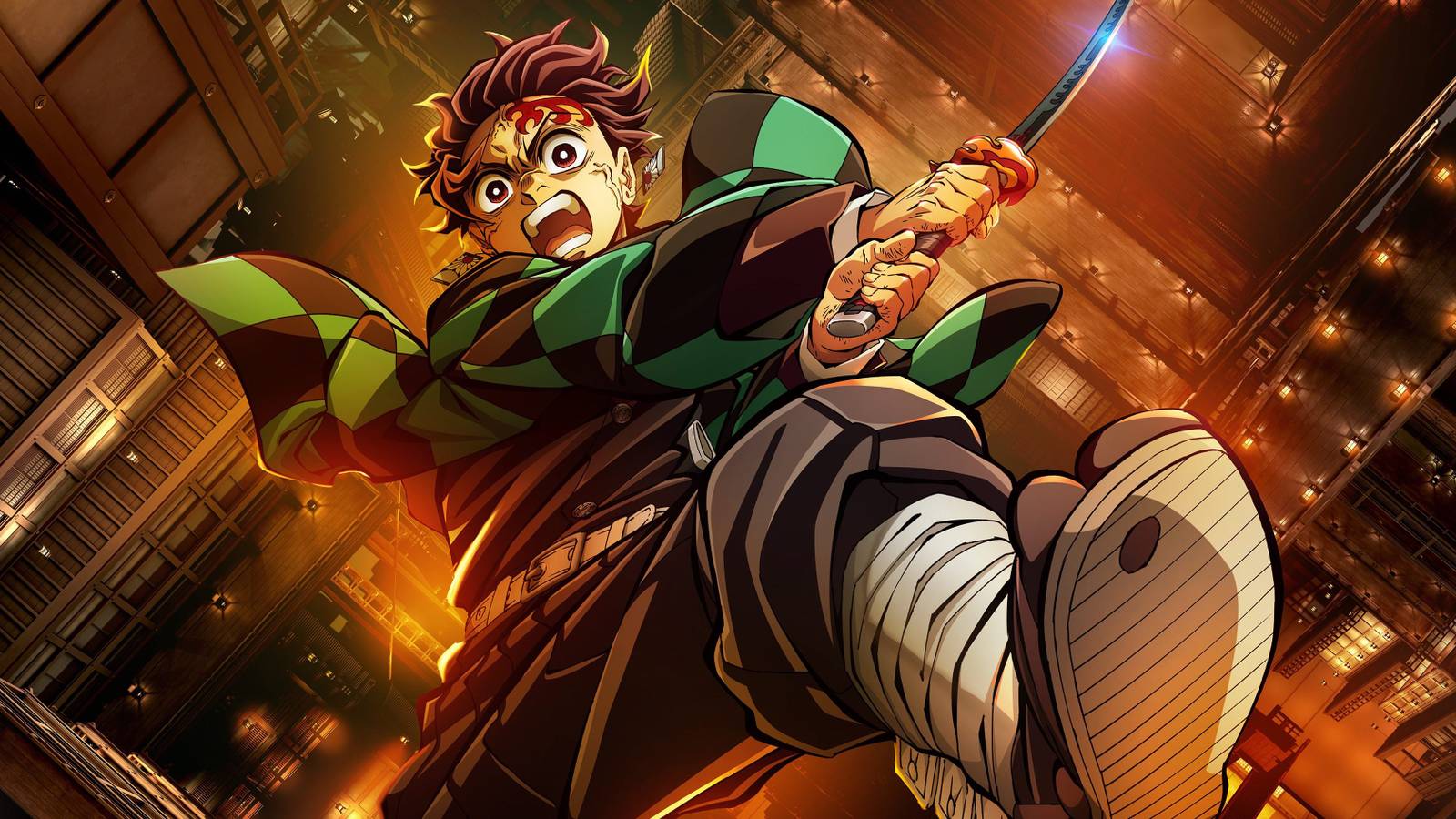 Tanjiro falls while swiping his sword in Demon Slayer: Infinity Castle key art