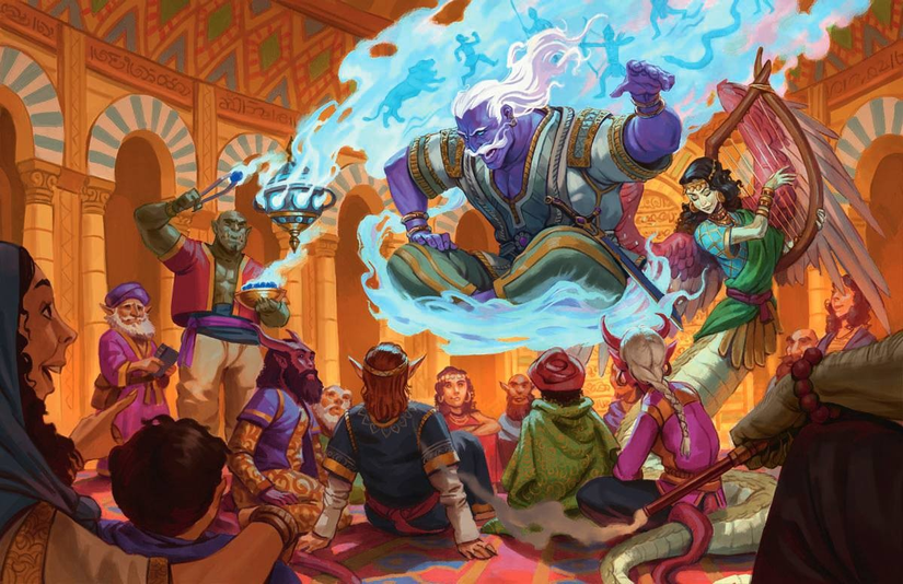 डंगऑन और ड्रेगन की प्रमुख कला अनंत सीढ़ी से quests एक बड़ा बैंगनी जीनिलुकिंग को कल्पित बौने, ट्रोल्स और अन्य लोगों की भीड़ में नीचे दिखाती है।