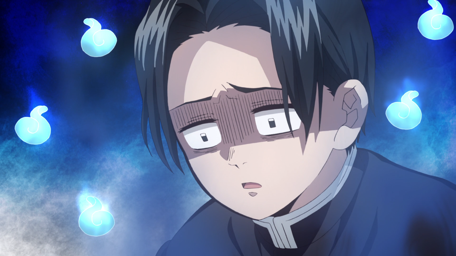Murata from Demon Slayer looking glum with a blue cloud of gloom around his head