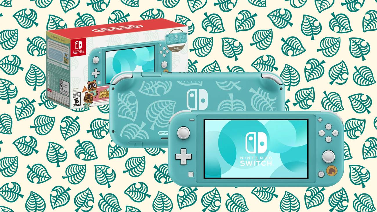 A promotional image showing the teal Animal Crossing Switch Lite alongside its packaging on a leaf background
