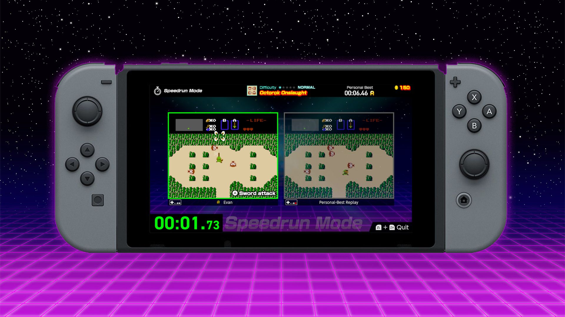 A screenshot of a challenge for The Legend of Zelda in Nintendo World Championships: NES Edition on a gray Nintendo Switch over an ‘80s-inspired laser grid background