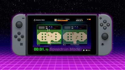 A screenshot of a challenge for The Legend of Zelda in Nintendo World Championships: NES Edition on a gray Nintendo Switch over an ‘80s-inspired laser grid background