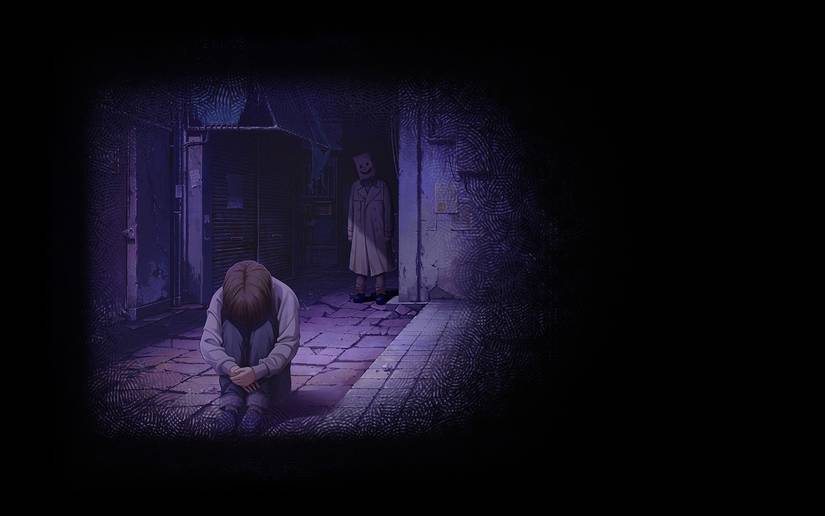 Emio, wearing a trench coat and paper bag mask, creeps behind a crying young woman in a screenshot from Emio: The Smiling Man.