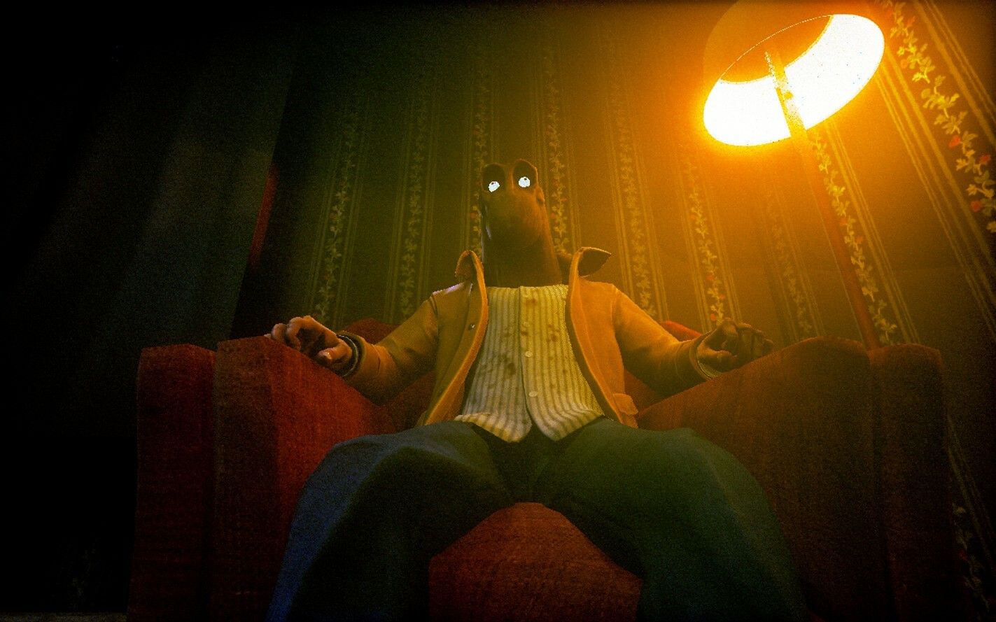 The masked man in Clickolding, photographed from a low angle