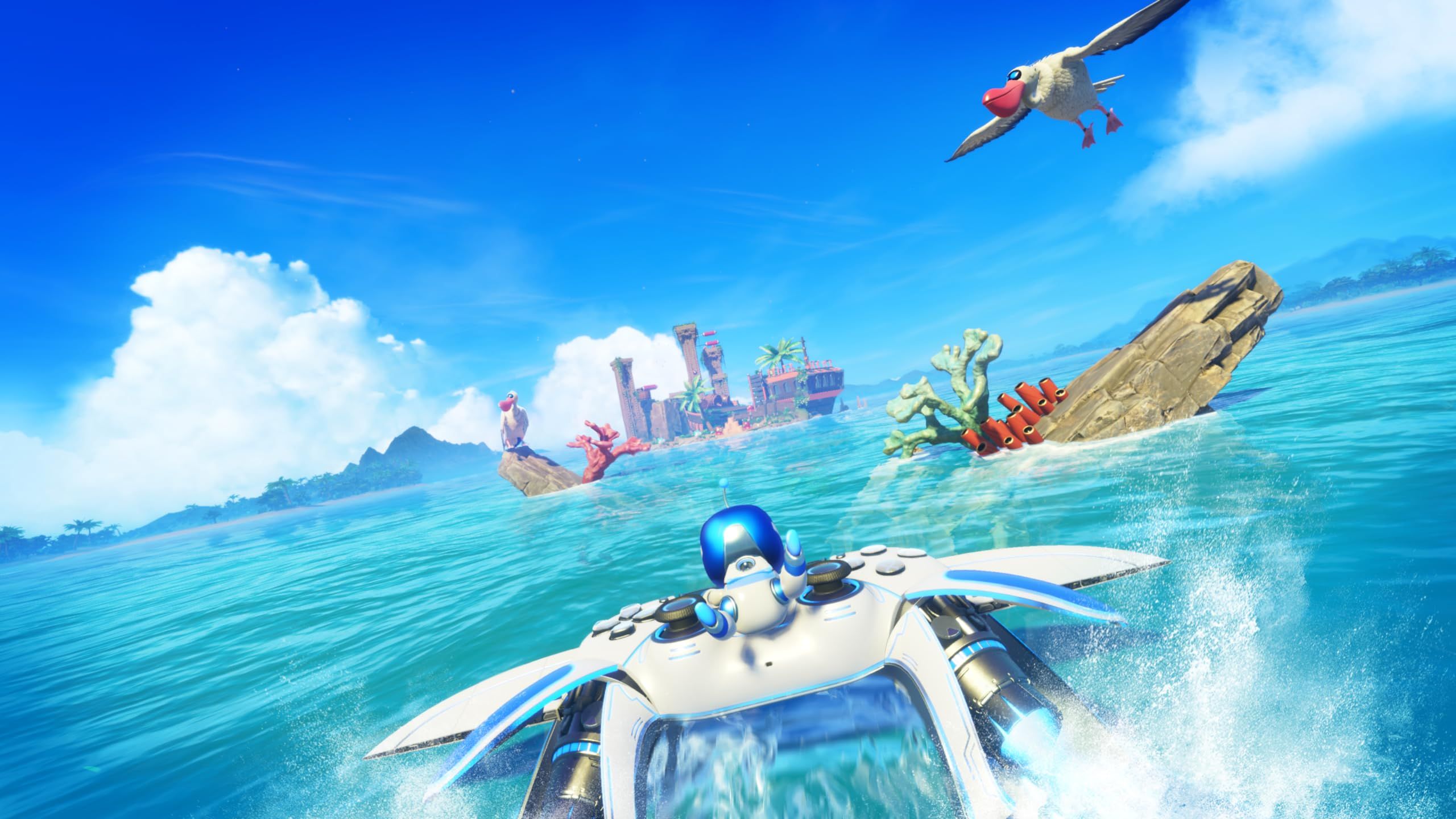 Astro Bot flying on a DualSense controller
