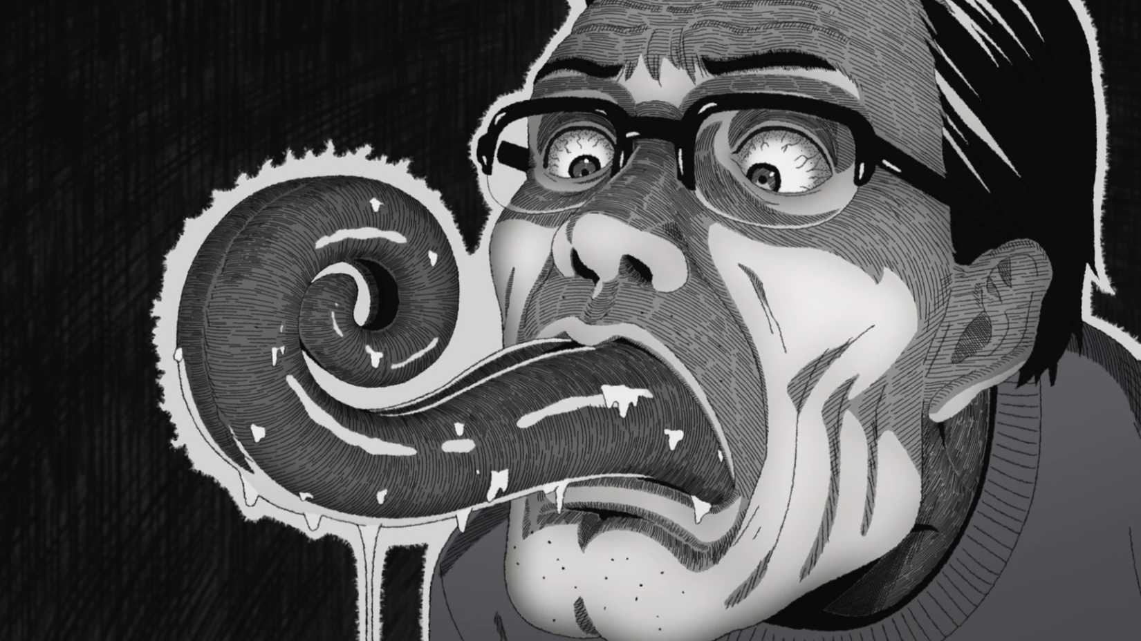 An anime man with a bizarre curled tongue in Uzumaki.