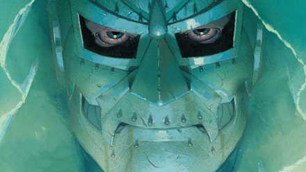 The face of Doctor Doom: Bloodshot eyes stare out of his disapproving iron mask, awash in green light, on the cover of F