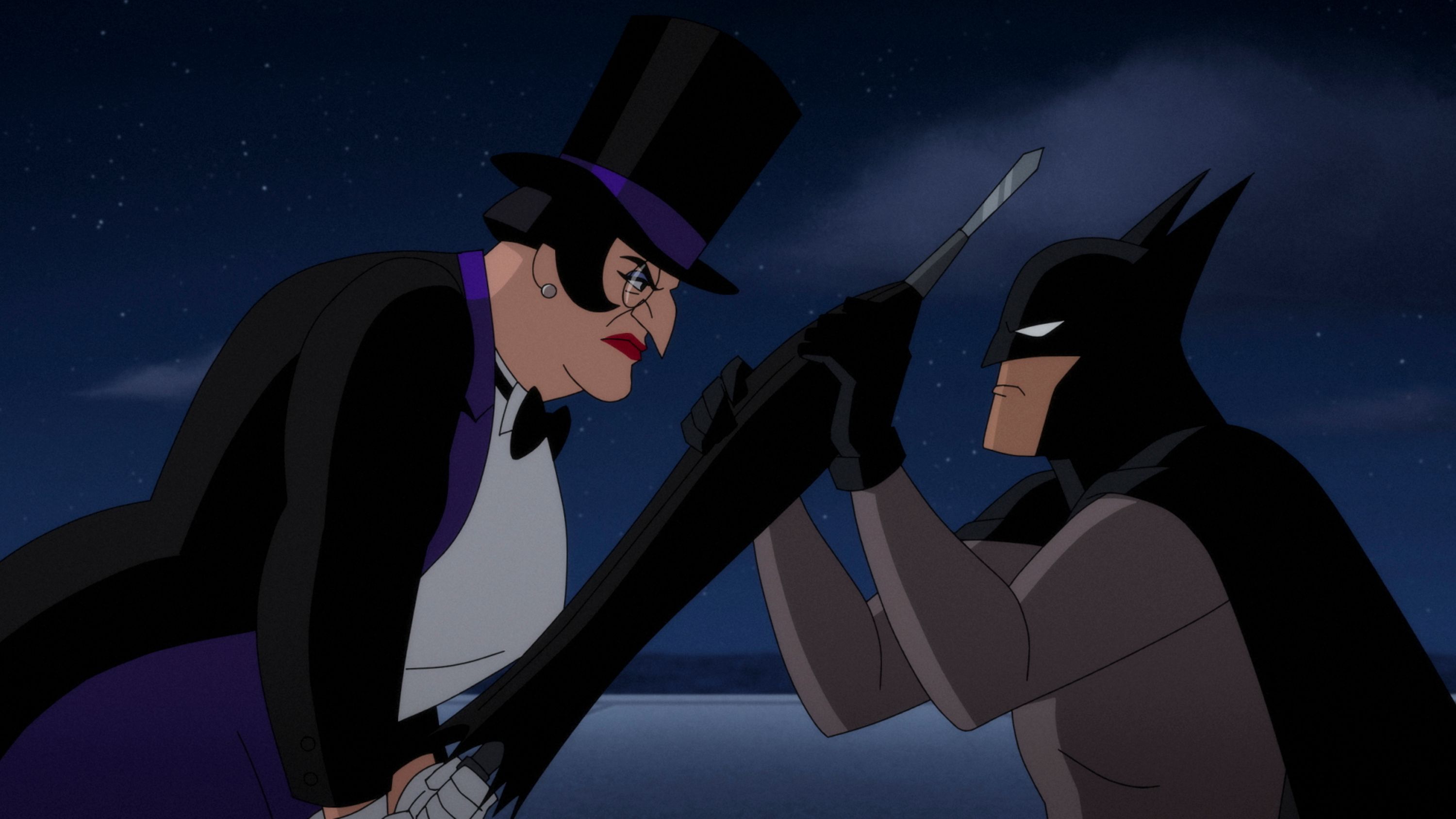 Batman engaging in combat with a female Penguin.