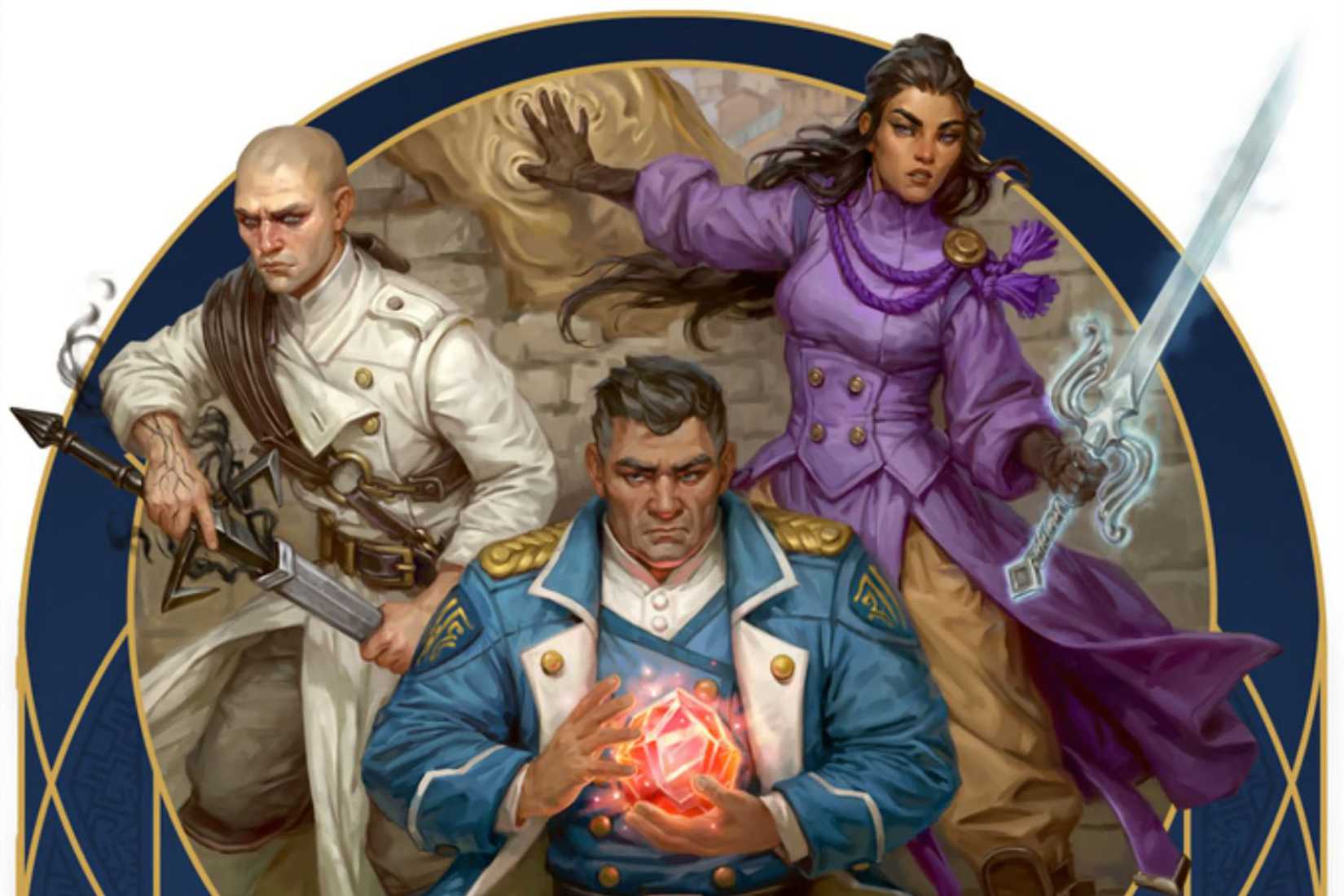 Artwork depicting a variety of Cosmere characters, including a sword-bearing figure in a white jacket, a woman with a glowing armament in purple, and a soldier clutching an oversized d20.