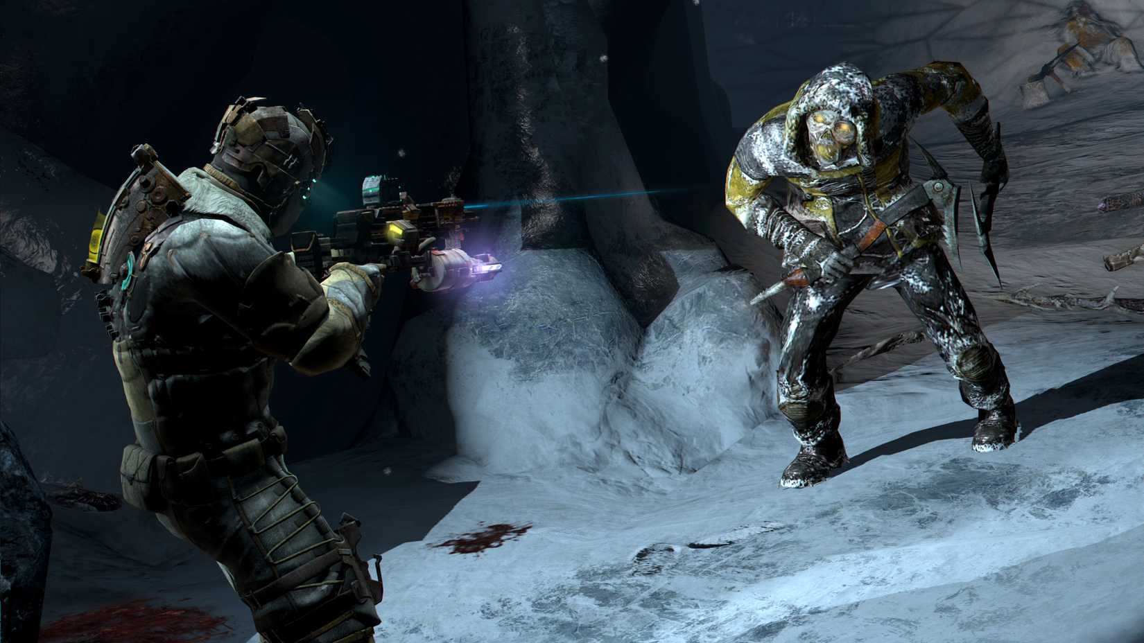 The Dead Space 3 protagonist takes aim at an armed opponent near some boulders and a tree.