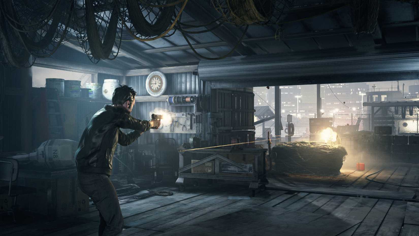 A character shoots a gun in Quantum Break.