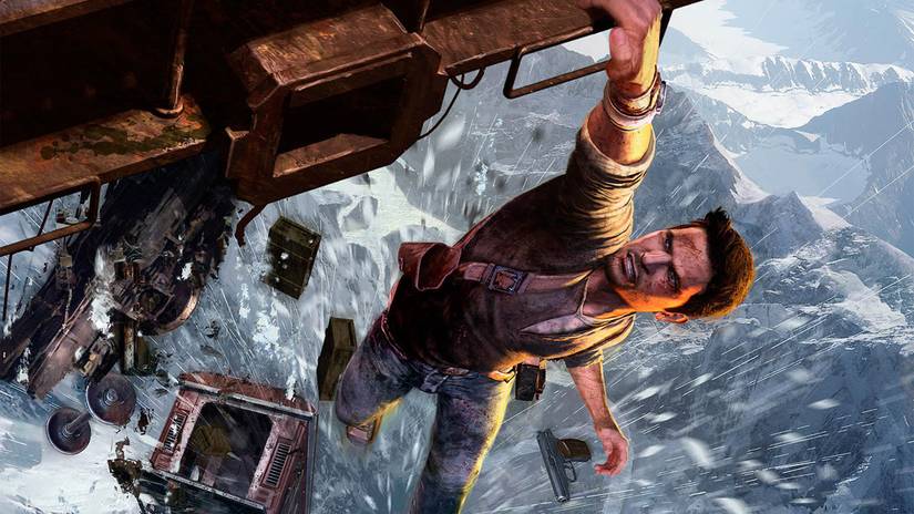 Uncharted 2: Among Thieves cover art crop - Nathan Drake hanging onto a train