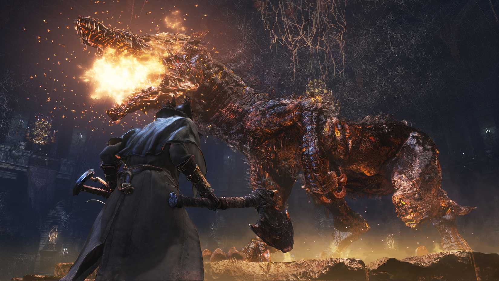The hero holds a large ax and faces down a flaming monster